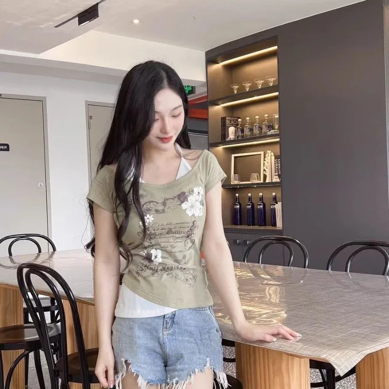 Lunivop  Y2k Street Vintage Fake Two Piece Halter T-shirt Sexy Short Sleeve Slim Fit Tee Shirt 2025 Summer New Top for Women