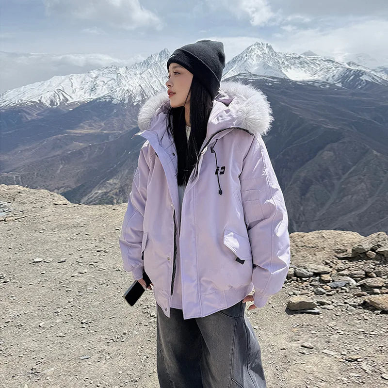 Lunivop Winter Outdoor Padded Cotton-padded Clothes Female American Retro Big Fur Collar Down Cotton-padded Jacket