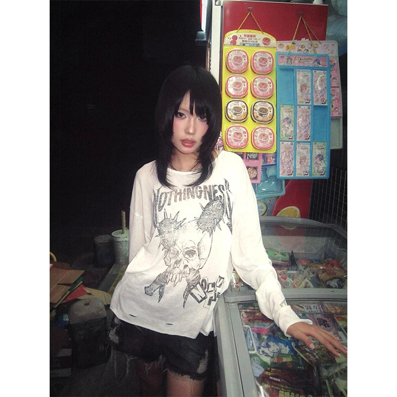 Lunivop Y2k Japanese T-shirt Women Broke Hole Loose Casual Tshirt Print Graphic Tops American Retro Grunge Tops Streetwear Tee