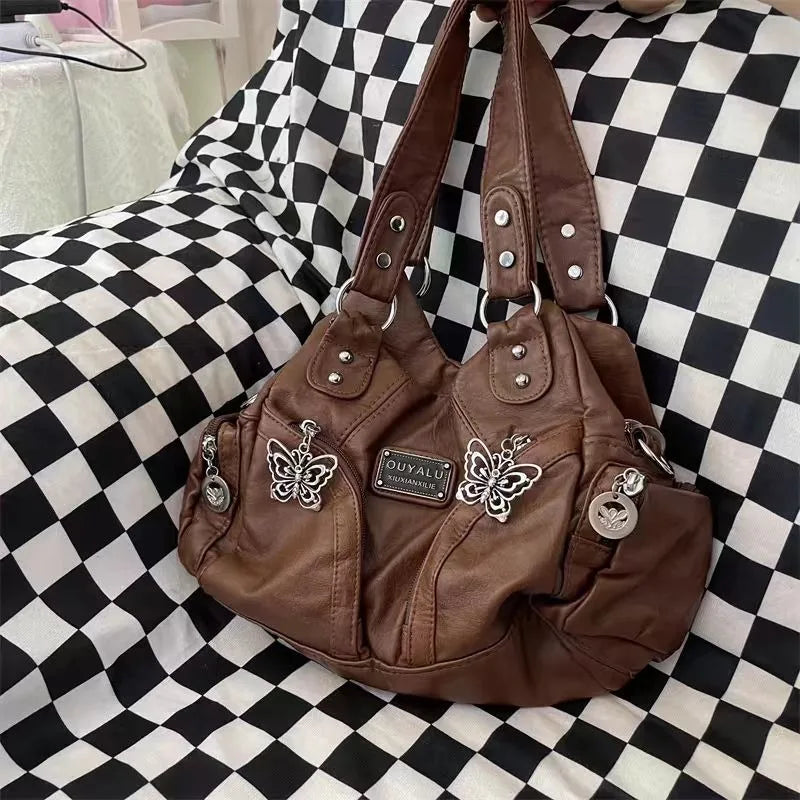 Lunivop Brown Y2k Womens Shoulder Bag Vintage Fashion Soft Pu Leather Gothic Tote Bag Punk Harajuku Casual Large Capacity Handbag