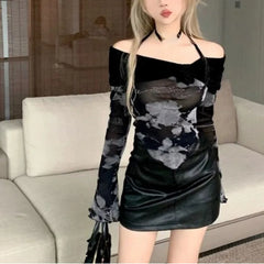 Lunivop  Korean Sexy Halter Off Shoulder T-shirts Spring Autumn New Slim Fit Print Black Tee Shirt Y2k Grunge Long Sleeve Tops Women