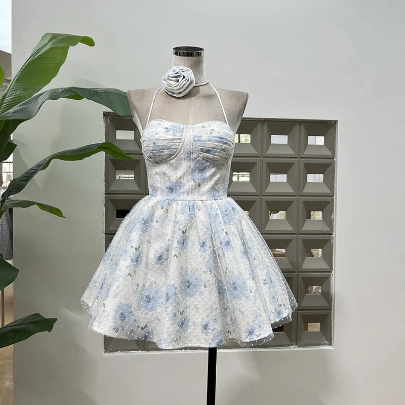 Lunivop  Fashion Women Dress Sleeveless Strapless Polka Dot Printing Lace Up Hanging Neck Flower Female Party Dress New Tide