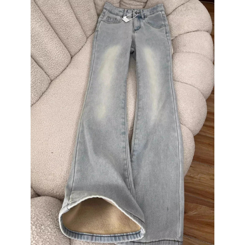 Lunivop  Thiened Fce High Waist Bell Bot Jeans Women Winter New Sle Elastic Slimming Wide Leg  Hoof Pants Casual Cotton...