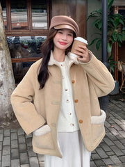 Lunivop Women Faux Lamb Suede Jacket Winter Warm Long Sleeve Sweet Cotton Coat Korean Pockets Female Thick Vintage Outwear Tops
