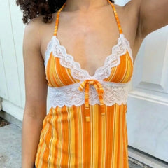Lunivop  American Spce Girl Lace Edge Style Tank Tops Y2k Aesthetic Constrast Color Striped Punk Camisole Harajuku Slim Waist A-line Tees