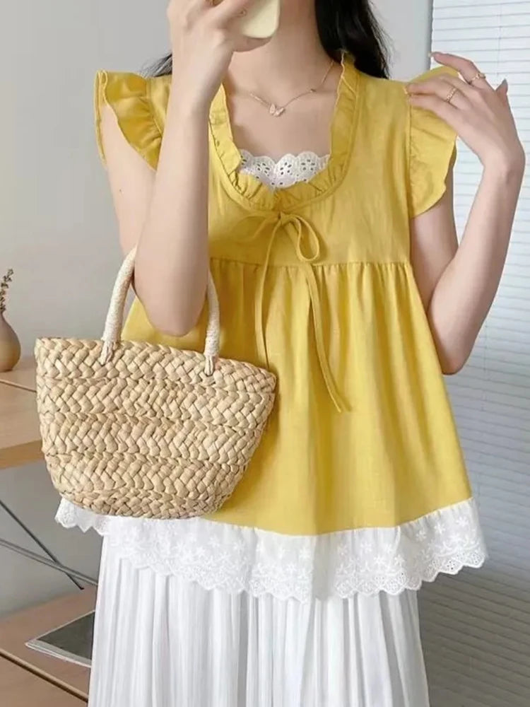 Lunivop  Sweet Lace Patchwork Tanks Women Loose Flying Sleeve Elegant Tanks Tops Vintage Casual Female Korean Summer Retro Tops New