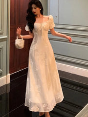 Lunivop  Puff Sleeve Evening Party Dress for Women Summer New Elegant Chinese Style Square Collar Lace-up A-line Long Vestidos Mujer