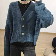 Lunivop Cardigan Women Cocoon Knitted Long Sleeve V-neck Crop Sweater Jacket Fall Winter 2025 Casual Cozy Outfit