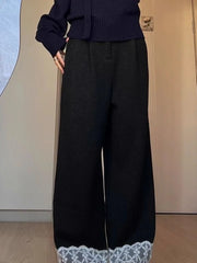 Lunivop  Fall Winter Korean Style Lace Trim Casual Pants Women Loose High Waist Wide Leg Pants Thick Warm Straight Fit Long Trousers