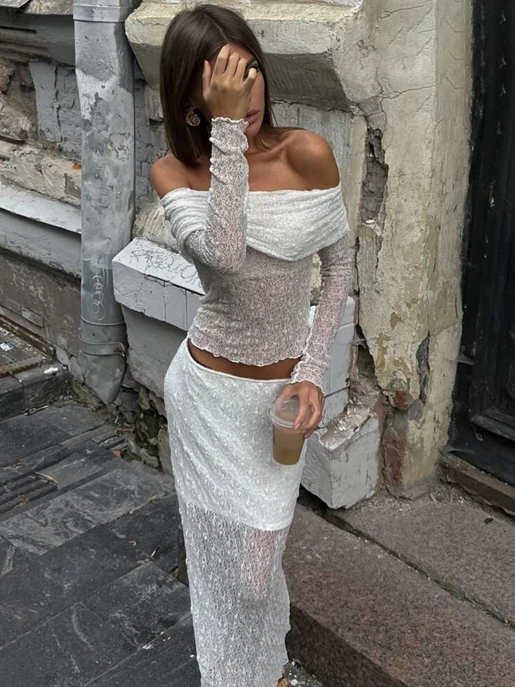 Lunivop Sexy Off Shoulder See Through Lace Women Skirt Suit Long Sleeve T-shirt Print Skirt Autumn Skinny Elegant Two Piece Sets