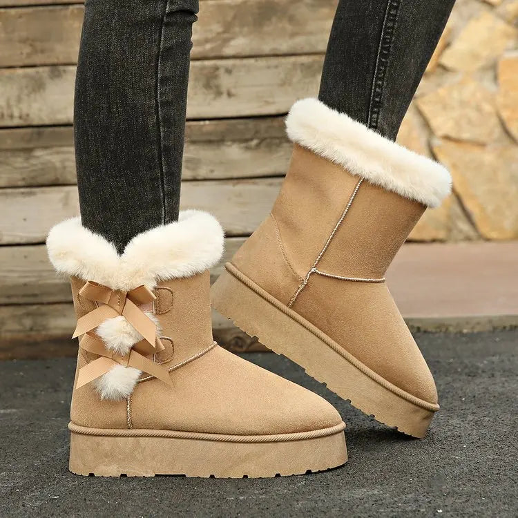 Lunivop Women Snow Boots Winter Mid-calf Boots Warm Cotton Shoes Fashion Bowknot Solid Color Ladies Brown Platform Long Boots Plus Size