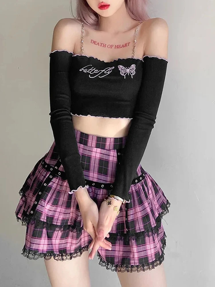 Lunivop  Mall Goth Gothic Lace Ruffle Mini Skirts Womens Harajuku Fairy Grunge Pink Plaid Pleated Skirt Japanese Lolita Streetwear