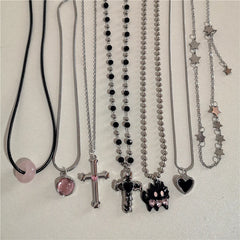 Lunivop Kpop Punk Goth Black Cat Pink Crystal Cross Heart Pendant Star Chain Necklace Men Women Hip Hop 2000s Y2K Grunge EMO Accessories