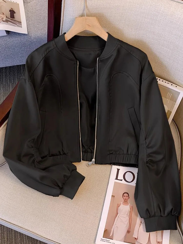 Lunivop Baseball Y2K Satin Jackets Women Slim Long Sleeve Streetwear Vintage Short Coats Vintage Korean Pockets O Neck Fall Winter Tops