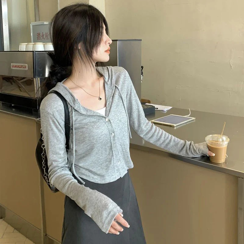 Lunivop Rimocy Summer Knitted Hooded Cardigan Women Korean Streetwear Single Breasted Crop Tops Woman Solid Long Sleeve Knitwear Top