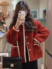 Lunivop Red Faux Lamb Sweet Coat Women Korean Long Sleeve Winter Warm Jacket Vintage Casual O Neck Elegant Pearls Buttons Cute Tops