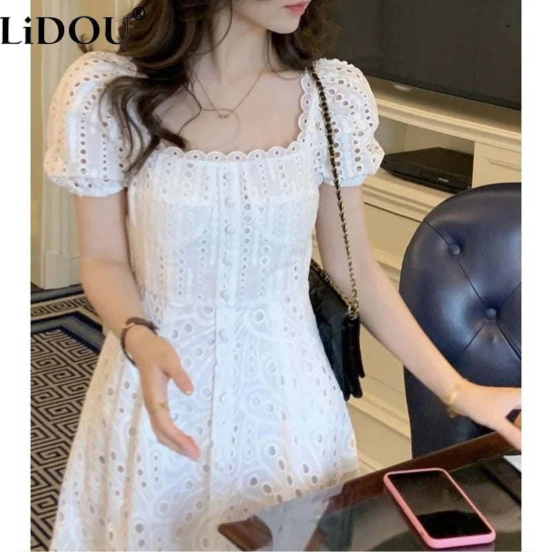 Lunivop  Summer White Midi Dress Hollow Out For Women Elegant Square Collar Puff Sleeve French Kawaii Vestidos Korean Chic Dresses Mujer