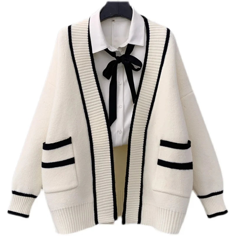 Lunivop Varsity Cardigan Sweater for Women Open Front Slouchy Knitted Sweater Jacket Cardi Collaege Student Girl Fall Winter Outfit