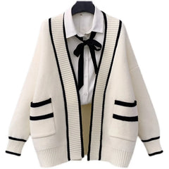 Lunivop Varsity Cardigan Sweater for Women Open Front Slouchy Knitted Sweater Jacket Cardi Collaege Student Girl Fall Winter Outfit