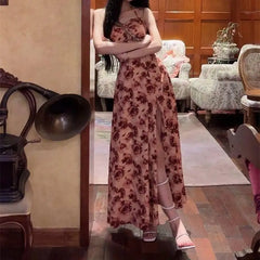 Lunivop  Sexy Rose Print Maxi Dress Hanging Neck Design Women's Flavour High Slit Gown Inner Pad Design A-Line Skirt Polyester Fiber