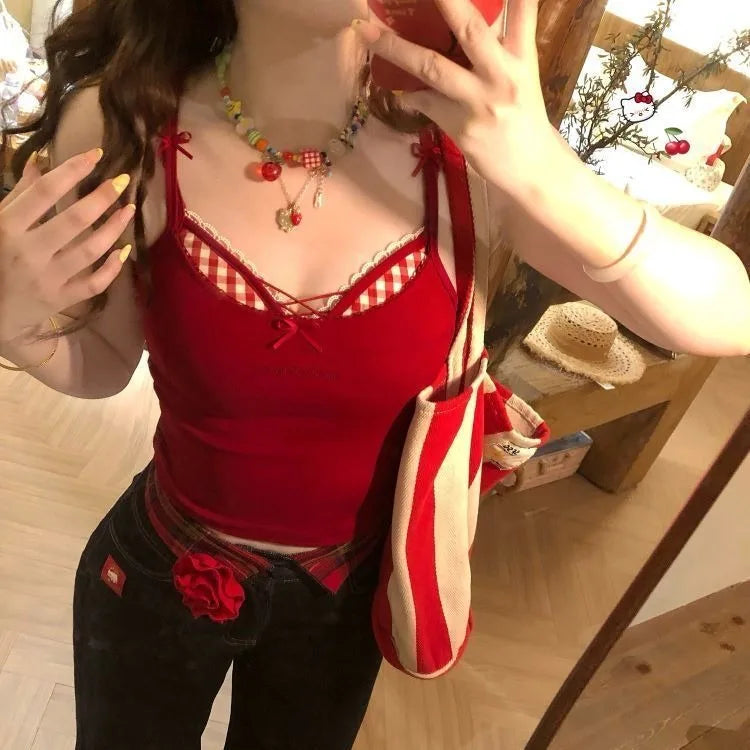 Lunivop  Sweet Plaid Patchwork Cross Camisole Vest 2025 Summer New All-match Tank Top Fashion Sexy Slim Fit Sleeveless Top for Women