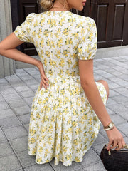 Lunivop  New Floral Print Bow Pleated Summer Dress Women Elegant V-neck Puff Sleeve Mini Dress Female Holiday Beach Sundress