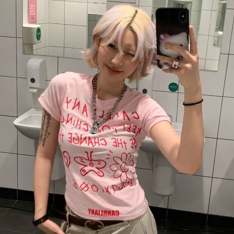 Lunivop  Women T Shirts Letter Printed Short Sleeve Slim O Neck Sexy Vintage Y2k Tops Fashion Ladies Tops Casual Streetwear