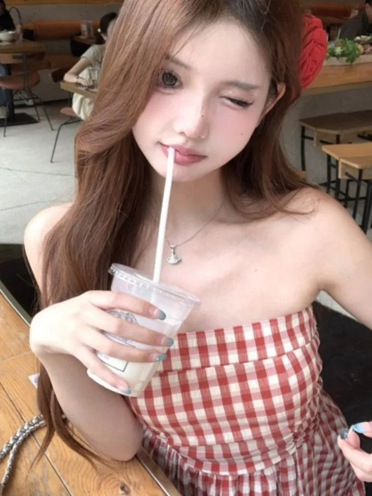 Lunivop French Plaid Spliced Lace Strapless Dress Women's 2025 Spring Summer New Retro Waist Hugging Design Niche Long  Vestidos New