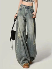 Lunivop Women Y2K Hole Jeans Streetwear American Retro High Waist Loose Denim Pants Casual Hip Hop Vintage Pockets Lady Gothic Trousers