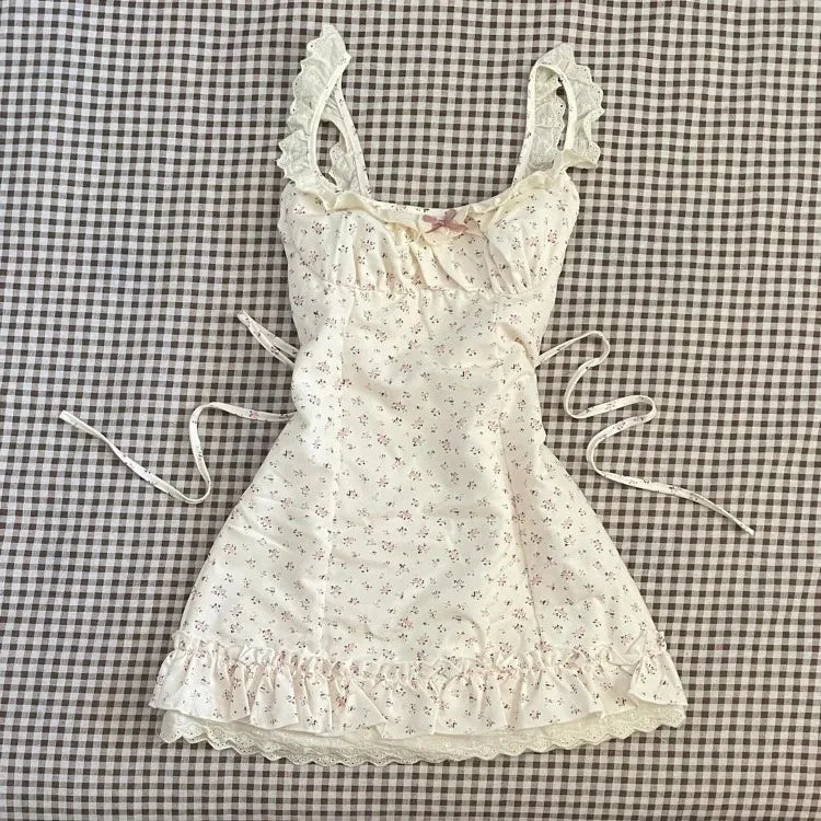 Lunivop  French Sweet Tunic Waist Dress Women Gentle Strappy Patchwork Sleeveless Clothes Female Kawaii Floral Print Flower Dress