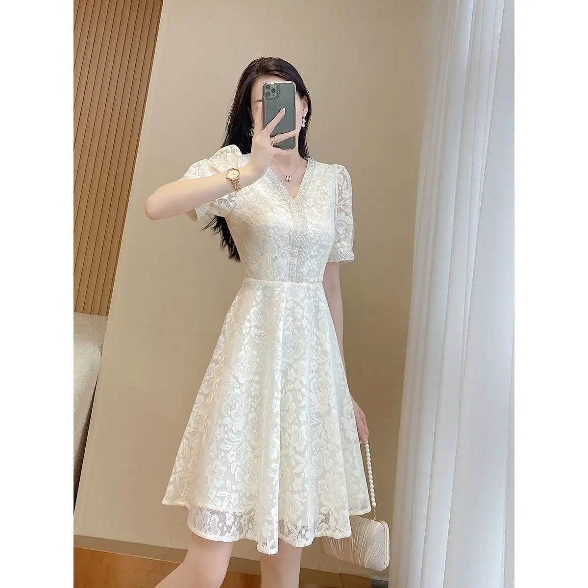 Lunivop  Women's Lace Midi Dress V-Neck Puff Sleeve Fit Flare Party Dress