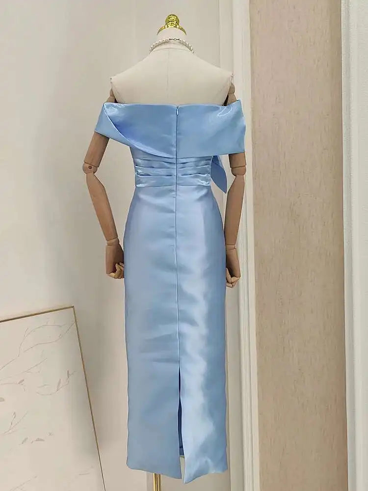Lunivop Bow Solid Color Luxury Dresses For Women Elegant Short Sleeve High Split Zipper Slim Dress Female 2025 New Clothing