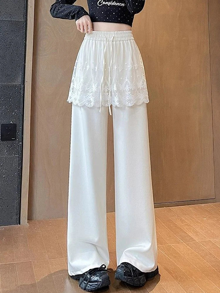 Lunivop Sweet Lace Patchwork Pant Women High Waist Cute Casual Loose Trousers Korean Fashion Summer Elegant Chic Wide Leg Pants New