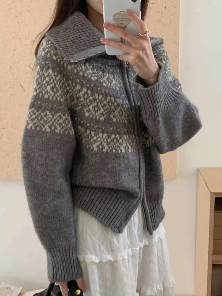 Lunivop Print Retro Zipper Cardigan Women Loose Turtleneck Long Sleeve Korean Knitted Sweaters Vintage Female Casual Sweet Tops New
