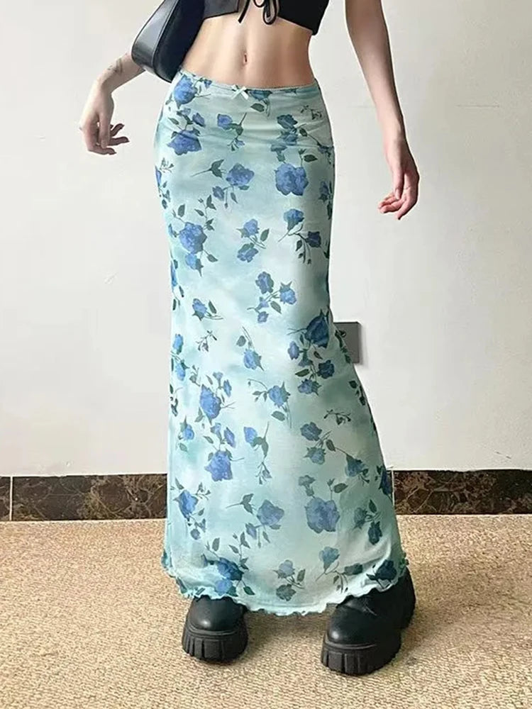Lunivop  Vintage Mesh Floral Long Skirt Women Elegant Low Waist Slim Sexy Skirts Retro American Streetwear Casual Elastic Long Skirt