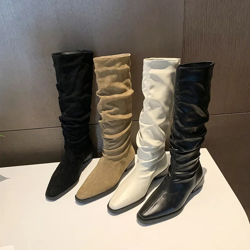 Lunivop Autumn Winter New Knee High Boots Women Punk Style Pleated Suede Leather Long Boots Woman Slip on Western Cowboy Botas De Mujer