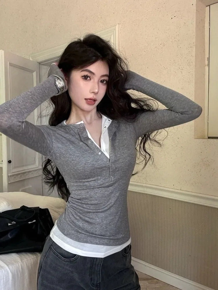 Lunivop  Korean Chic Design Fake Two Pieces Long Sleeves Shirt Women Autumn 2024 New Elegant All Match Slim Fit Slimming Base Tops Winter