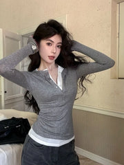 Lunivop  Korean Chic Design Fake Two Pieces Long Sleeves Shirt Women Autumn 2024 New Elegant All Match Slim Fit Slimming Base Tops Winter