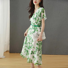 Lunivop  Women's Midi Dress V-Neck Short Sleeve Green Leaf Print Chiffon Dress with Green Waist Belt