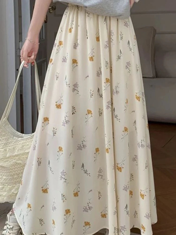 Lunivop Korean Floral Women Long Skirts Loose Summer High Waist Sweet A Line Skirt Casual Vintage Prairie Chic Female Long Skirt