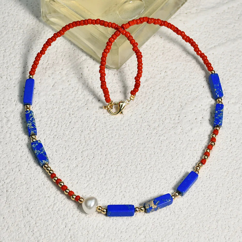 Lunivop Bohemia Seed Beaded Natural Stone Choker Necklace for Women Girls Beach Boho Party Trend Jewelry