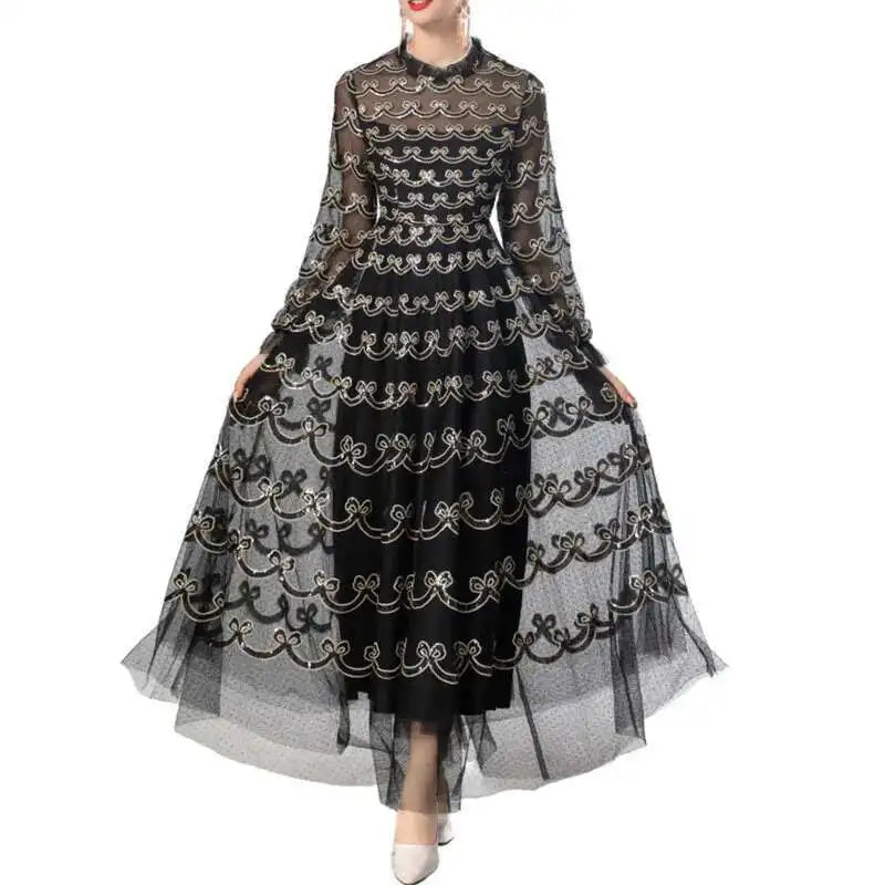 Lunivop Fashion Women's Elegant Dresses Sequins Embroidery Long Sleeve Princess Mesh Dress 2025 Spring New Female Clothing