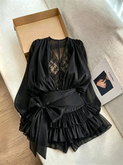 Lunivop  French Elegant Vintage Black Chiffon Dress Long Sleeve V Neck Autumn Women Sweet Dress Casual Holiday Evening Party Wear