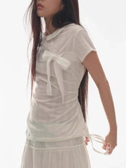 Lunivop  Women Clothing Sweet T Shirts Peter Pan Collar Bandage Bow Camisetas Ropa Mujer Short Sleeve Tunic Tees Sweet Summer Tshirt
