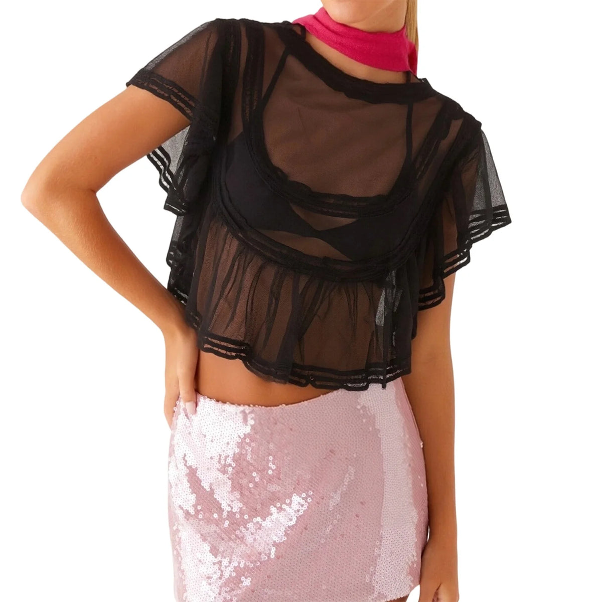 Lunivop  Women Y2K Sheer Chiffon Lace Trim Crop Blouse Ruffle Sleeve Boho Vacation Coverup Babydoll Top Summer Going Out Shirt