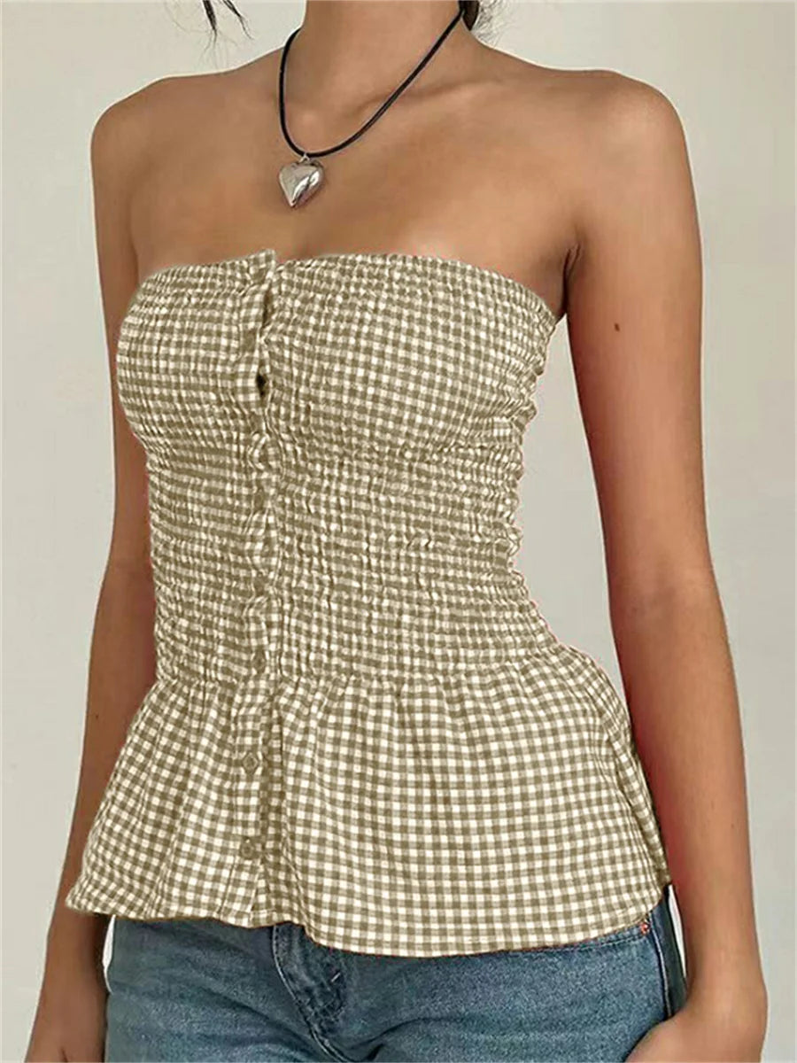 Lunivop  Y2k Red Gingham Crop Top Womean Sexy Strapless Ruffle Hem Sleeveless Button Cami Coquette Aesthetic Plaid Print Crop Top Summer