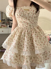 Lunivop  Summer Fairy Puff Sleeve Strapless Floral Print Dresses Women Elegant Sweet Chiffon Dress High Waist Slim Tierred Princess New