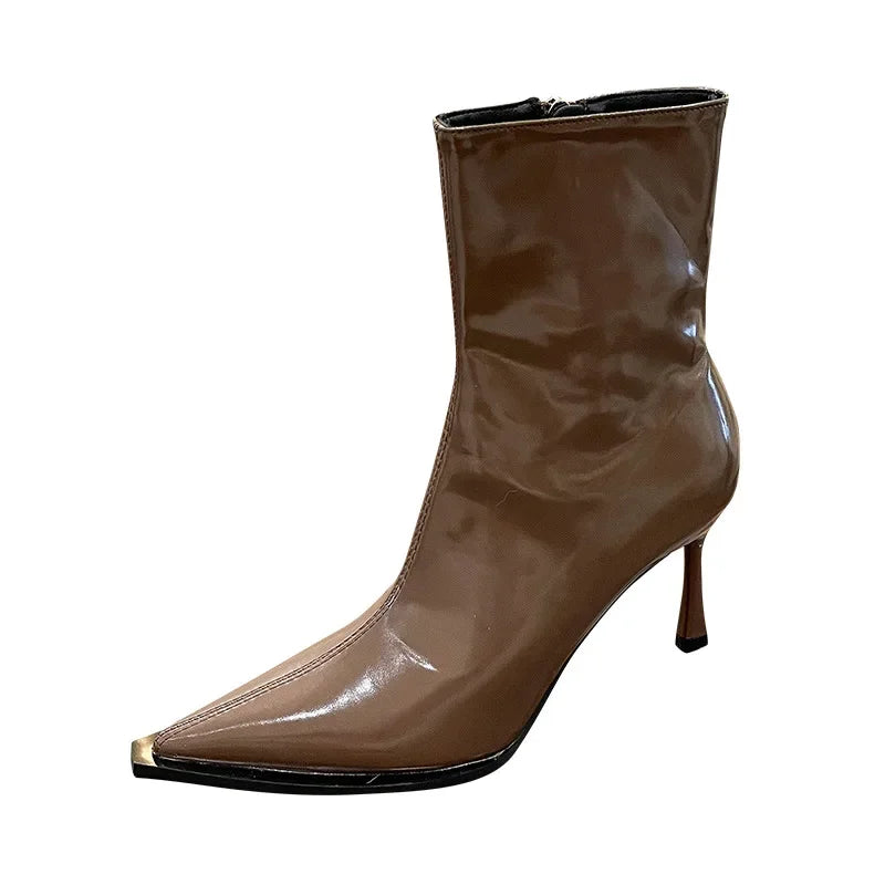 Lunivop Women Thin High Heels Short Boots New Fashion Pointed Ankle Boots Ladies Autumn Winter Leather Side Zipper Sexy Party Pumps