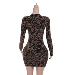 Lunivop Autumn Vintage Printed Sexy Spicy Girls Skinny Mini Dress Women Drop V Neck Hollow Out Long Sleeve Elegant Club Party Robe