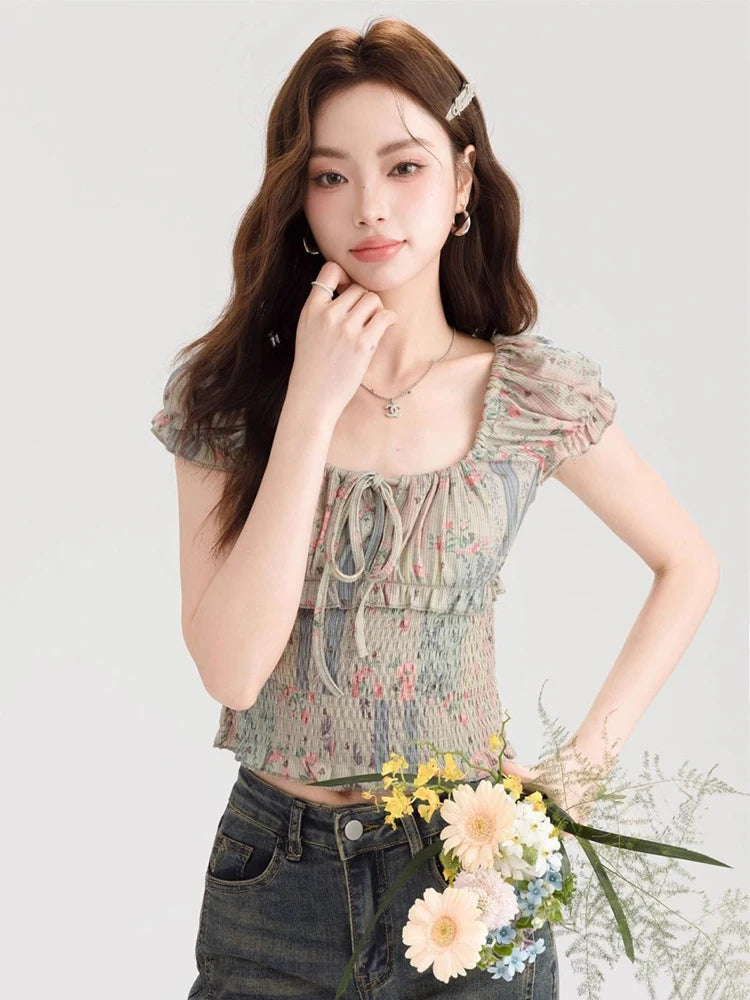 Lunivop Sweet Floral Cropped T Shirt Women Slim Sexy Puffy Sleeve Tees Korean Vintage Square Collar Female Lace Up Tops Summer New